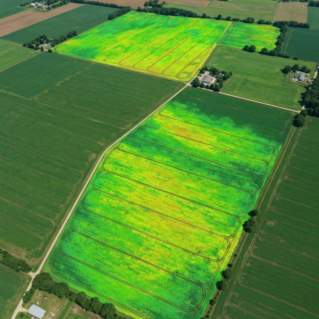 Luftbild landwirtschaftlicher Flächen mit sichtbaren Vitalitätsunterschieden